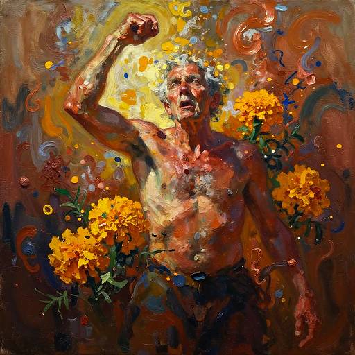 Vibrant, abstract painting of a muscular, shirtless man with raised arm, surrounded by yellow flowers and swirling colors, evoking energy and freedom