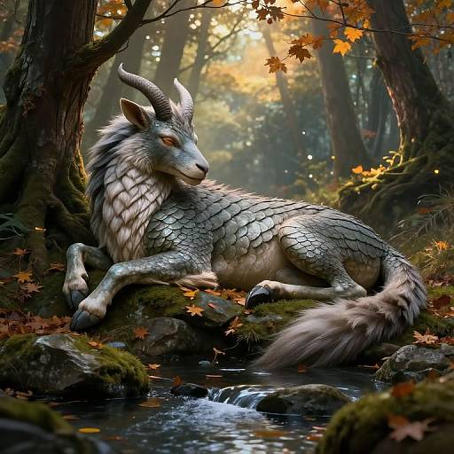 Digital fantasy artwork of a dragon-goat hybrid with silver scales, horns, and fur, lounging by a forest stream in autumn.