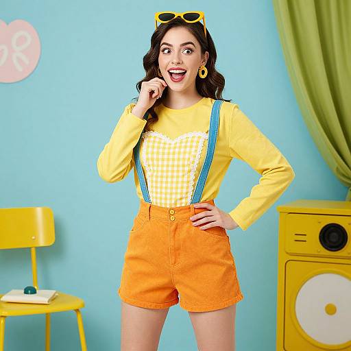 Photograph of a smiling woman with wavy black hair, yellow eyeglasses on head, yellow checkered shirt, orange high-waisted shorts