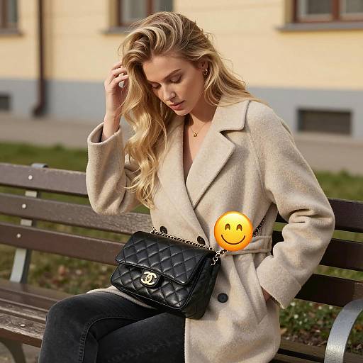 Blonde Woman Sitting on Bench with Coat and Black Bag