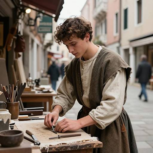 Photograph of a young man with curly brown hair, wearing a beige shirt and brown vest, focusing on carving wood in a bustling European street market.
