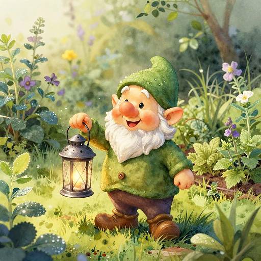 Colorful digital illustration of a cheerful, chubby gnomes with a green hat, holding a lantern in a sunlit, vibrant garden.