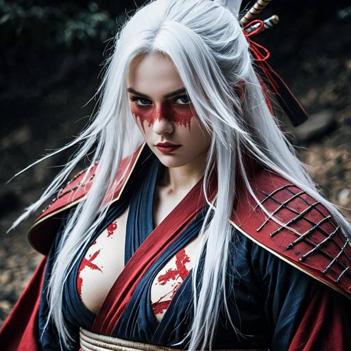 Warrior Woman in White Hair Samurai Costume