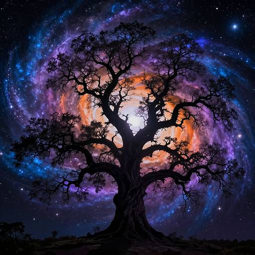 Silhouetted, gnarled tree with sprawling branches against a vibrant, colorful galaxy backdrop featuring swirling purple, blue, and orange hues. Digital