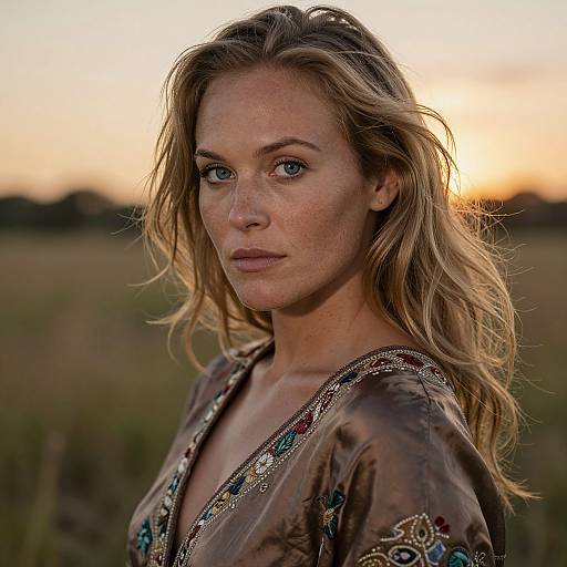 Photograph of a blonde, blue-eyed woman with freckles wearing a brown, embroidered blouse, standing in a field at sunset.