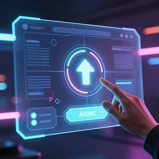 Digital interface image: A hand points at a neon blue 