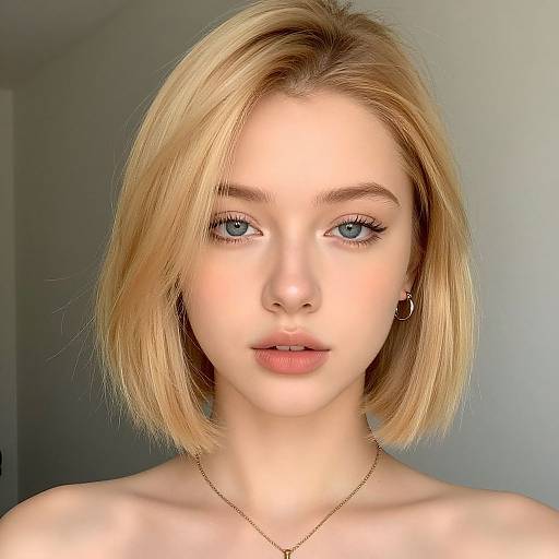Photograph of a young Caucasian woman with shoulder-length blonde hair, blue eyes, and fair skin, wearing a gold necklace and small hoop earrings, with