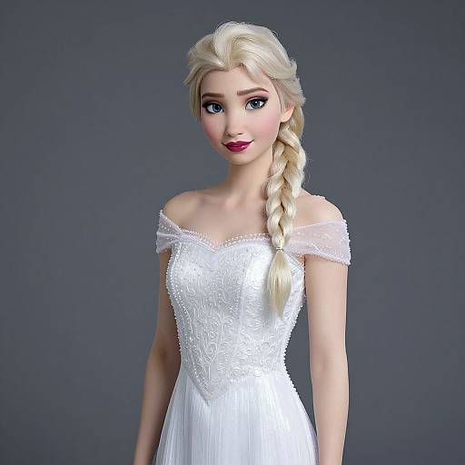 Digital CGI of a blonde, blue-eyed woman with a braid, wearing an off-shoulder, white, intricately embroidered wedding dress against a