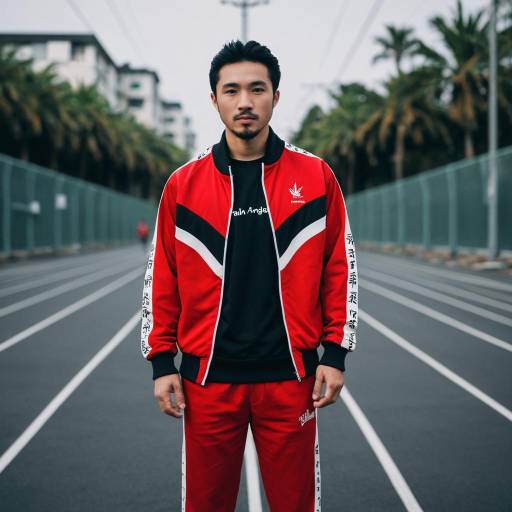 Asian Man in Red Palm Angels Tracksuit on Running Track