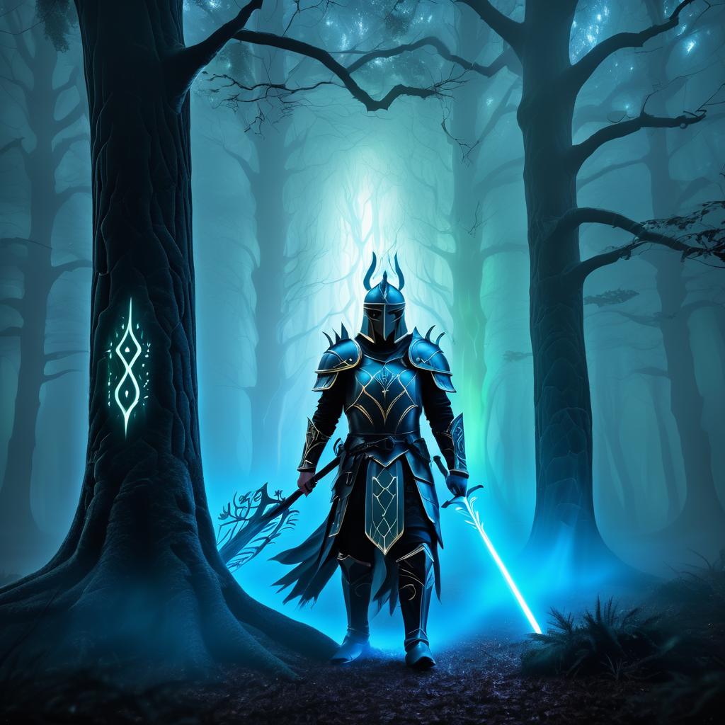 Mystical Knight in Enchanted Foggy Forest