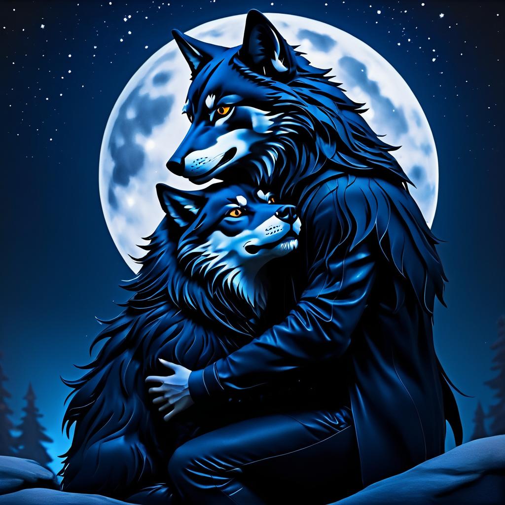 Obsidian Wolf with Teen Under Moonlight