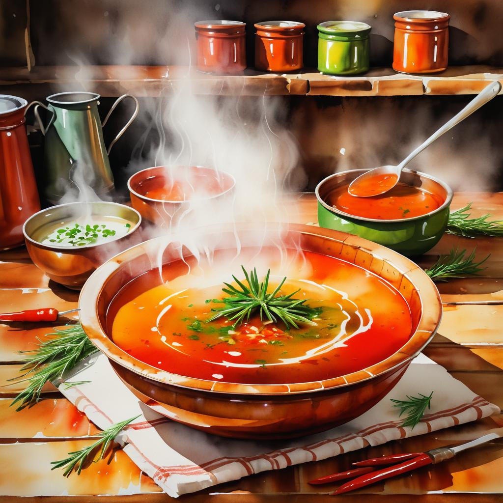 Warm Soup with Spicy Garnish in Kitchen