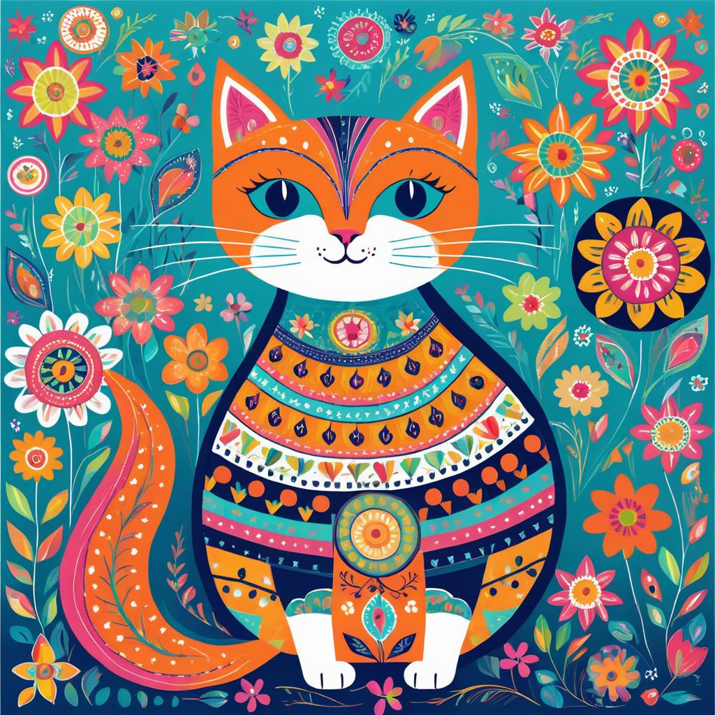 Whimsical Colorful Folk Art Cat