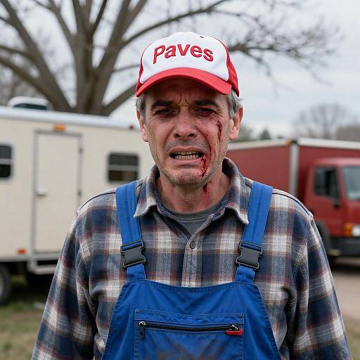 Distressed Man in Plaid and Overalls