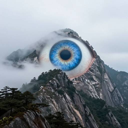Digital artwork of a towering mountain with a massive blue eye centered on the peak, surrounded by fog and dark pine trees. The eye's iris and pupil