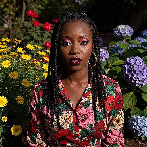 Photograph of a dark-skinned woman with braided hair, wearing a red floral shirt, standing in a vibrant garden with yellow daisies,