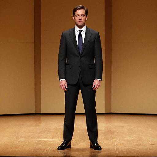 Photograph of a serious, tall, Caucasian man with short brown hair, wearing a black suit, white shirt, and black tie, standing on a