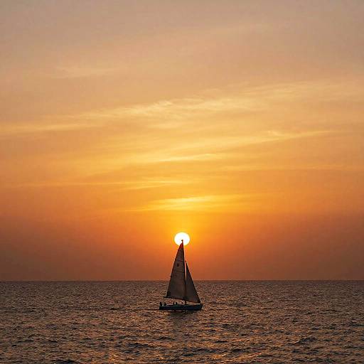 Photograph of a solitary sailboat with white sails silhouetted against a vibrant orange and yellow sunset over calm ocean waters.
