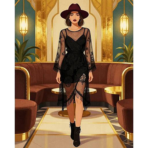 Digital illustration of a stylish woman in a black, fringe-trimmed, fishnet dress, black boots, and wide-brim hat, standing in