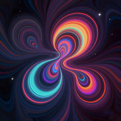 Digital abstract art featuring vibrant, swirling neon colors (orange, blue, pink, purple) forming a dynamic, butterfly-like pattern against a dark, star