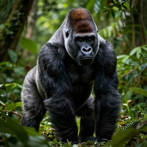 Photograph of a powerful, muscular silverback gorilla with black fur, brown back, and intense gaze, standing in a lush, green jungle.