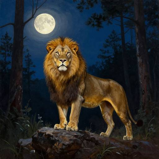 Digital painting of a majestic lion with a golden mane standing on a rock under a full moon in a dark, dense forest.