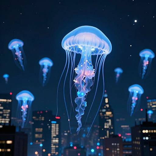 Photograph of glowing blue jellyfish floating above a dark city skyline with illuminated buildings and twinkling stars in the night sky.