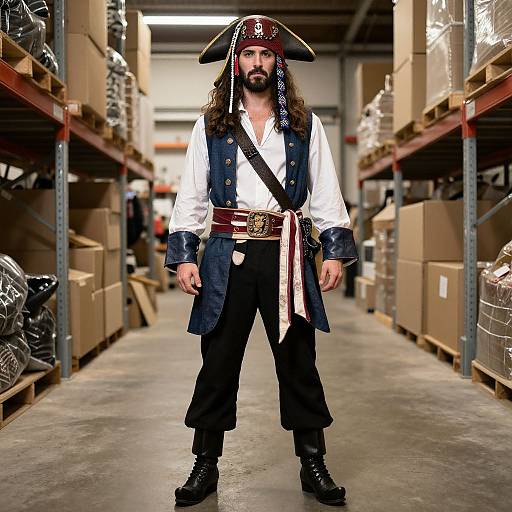 Photograph of a bearded man with long hair, pirate costume in a warehouse: white shirt, navy coat, black pants, brown belt, black