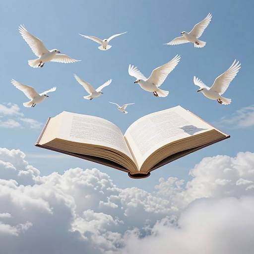 Photograph of an open book floating in a clear blue sky with white clouds, surrounded by seven white doves in mid-flight.
