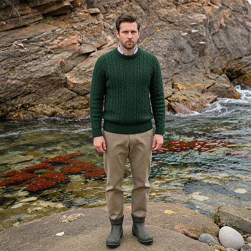 Photograph of a bearded man with short brown hair, wearing a dark green sweater, beige pants, and black boots, standing on a rocky shore