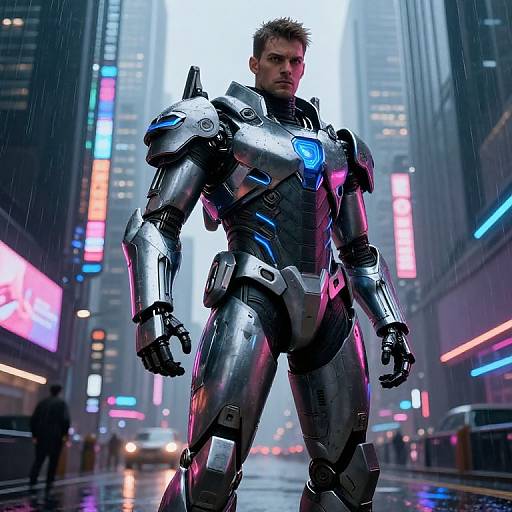 CGI image of a muscular, blonde man in futuristic silver armor with a blue glowing chest panel, standing confidently in a rainy, neon-lit urban