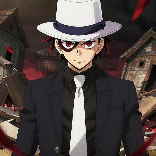 Anime-style digital artwork of a stern-looking man with red eyes, wearing a white hat, black suit, and white tie, amidst a ruined, red