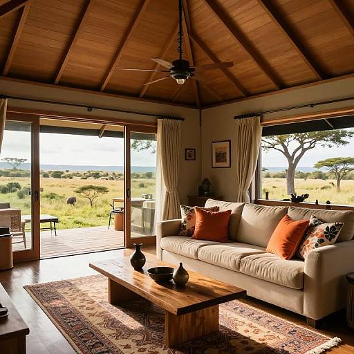 Photograph of a sunlit, rustic living room with a beige sofa, orange pillows, wooden ceiling, glass doors, and a scenic savanna view