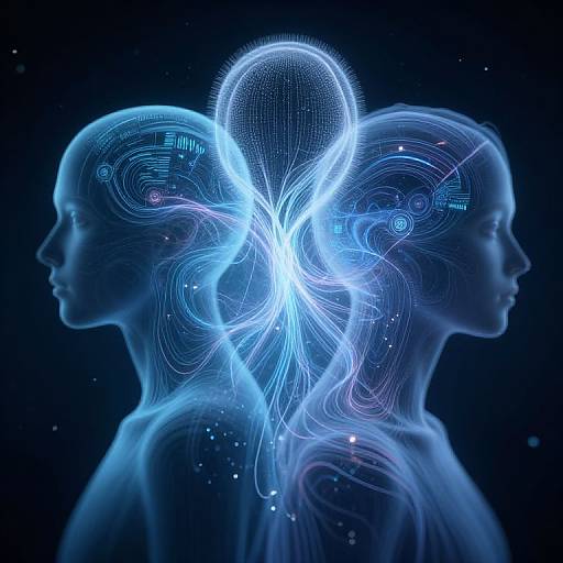 Digital art of two blue, translucent human silhouettes back-to-back, with a glowing, ethereal butterfly-like figure centered between them, set against