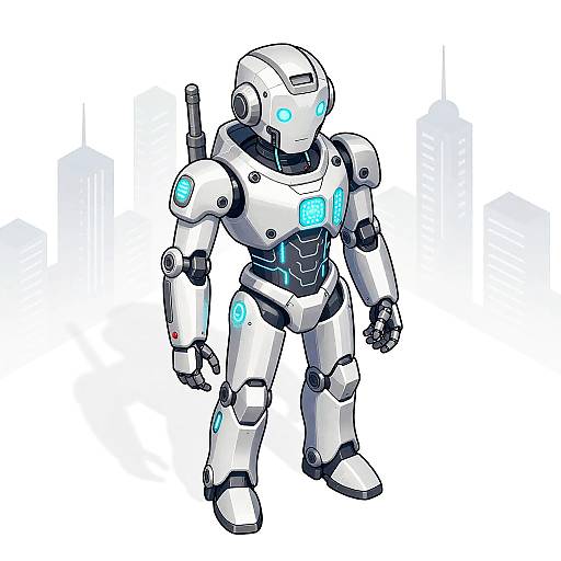 Digital illustration of a white, glowing-blue, humanoid robot with sleek, angular armor, black joints, and a cylindrical weapon on its back.