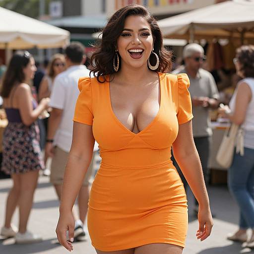 Photograph of a smiling, curvy Latina woman with dark hair in an orange, deep V-neck dress, large earrings, and ample cleavage,