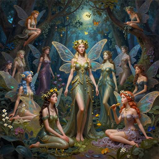 Digital painting of ethereal fairy women with transparent wings, adorned in flowy, metallic dresses, crowns, and floral headpieces, in a moon