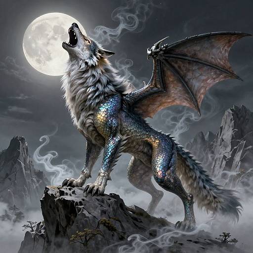 Dragon-Wolf Hybrid Howling at Moon