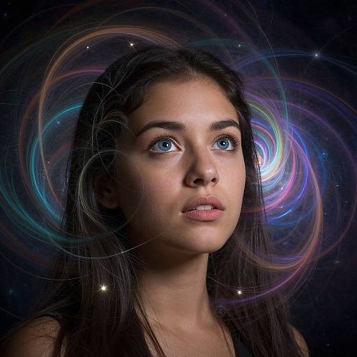 Photograph of a young woman with blue eyes, long dark hair, and fair skin, surrounded by colorful, swirling galaxy-like patterns against a dark star