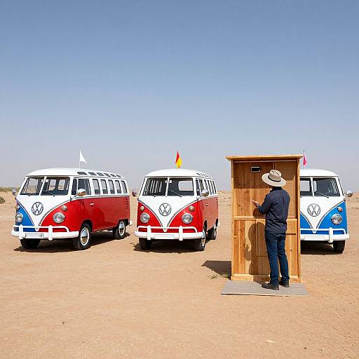 Colorful Volkswagen Buses in Desert