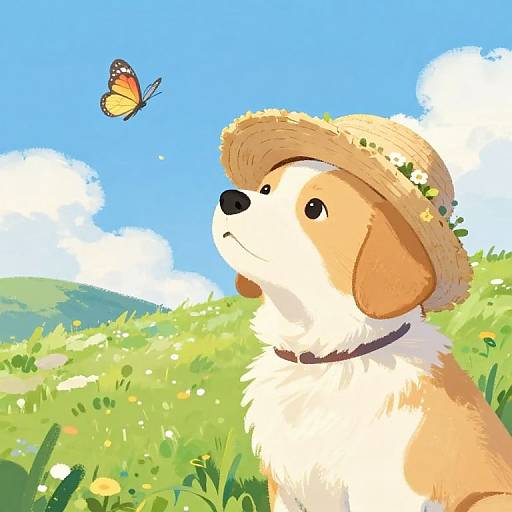 Digital illustration of a cute, tan and white dog wearing a straw hat, gazing at a colorful butterfly in a sunny, blue sky with fluffy clouds