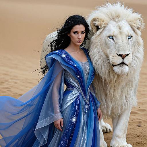 Digital artwork: Dark-haired woman in a shimmering blue gown with flowing fabric stands beside a white lion in a sandy desert.