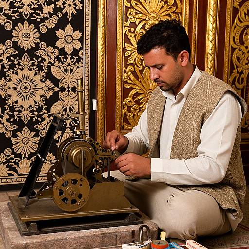Photograph of a South Asian man with short curly hair, wearing a white shirt and brown vest, repairing an antique mechanical sewing machine in an ornately