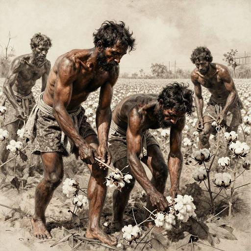 Photograph of three muscular, shirtless Indian men with dark skin and black hair, picking cotton in a field, wearing only patterned shorts. The