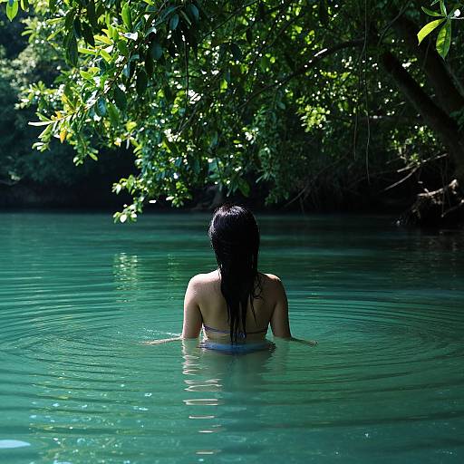Photograph of a woman with wet, dark hair, seen from behind, swimming in a serene, green-tinted forest pond, surrounded by lush