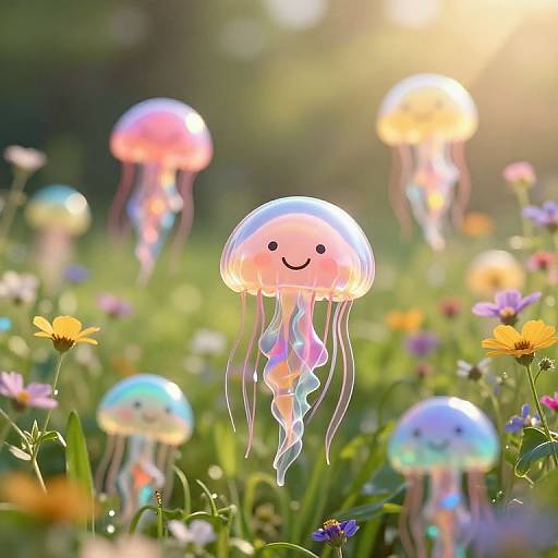 Photograph of whimsical, colorful jellyfish with smiling faces floating in a sunlit, blooming meadow, surrounded by vibrant flowers.