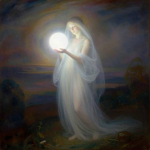 Digital painting of a ethereal, pale-skinned woman with a translucent white veil, holding a bright, glowing orb in a dark, mystical landscape with