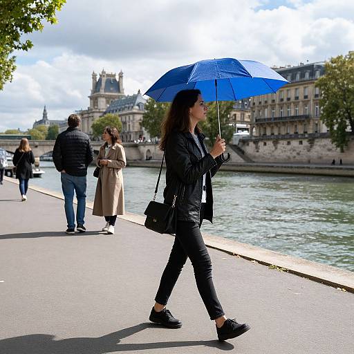 Photograph of a woman in black outfit and blue umbrella walking along Paris riverbank, with three other pedestrians in background.