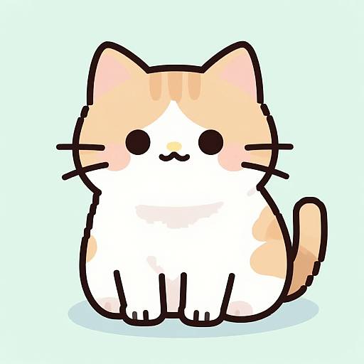 Cute, chibi-style, digital drawing of a round, white and orange cat with black eyes, whiskers, and a small smile, sitting