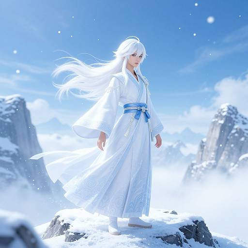 Digital anime-style artwork of a white-haired woman in a flowing white robe with a blue belt, standing on a snowy mountain peak under a bright blue sky